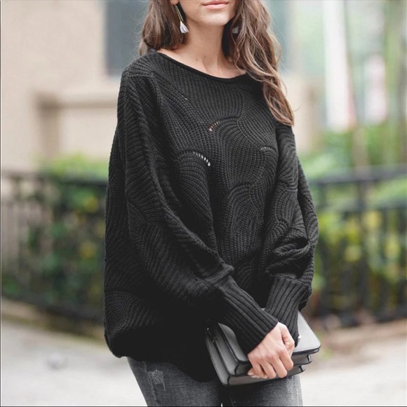 Sweaters - Boho Knit Sweater Scalloped Crochet Black